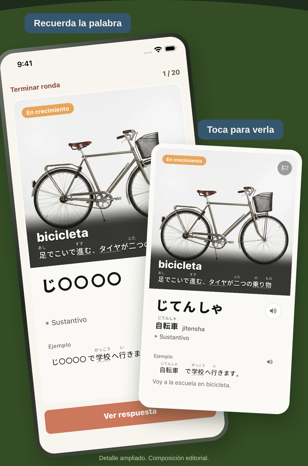 Pantalla para recordar じてんしゃ con la pista de ortografía de la primera letra, junto a la respuesta revelada